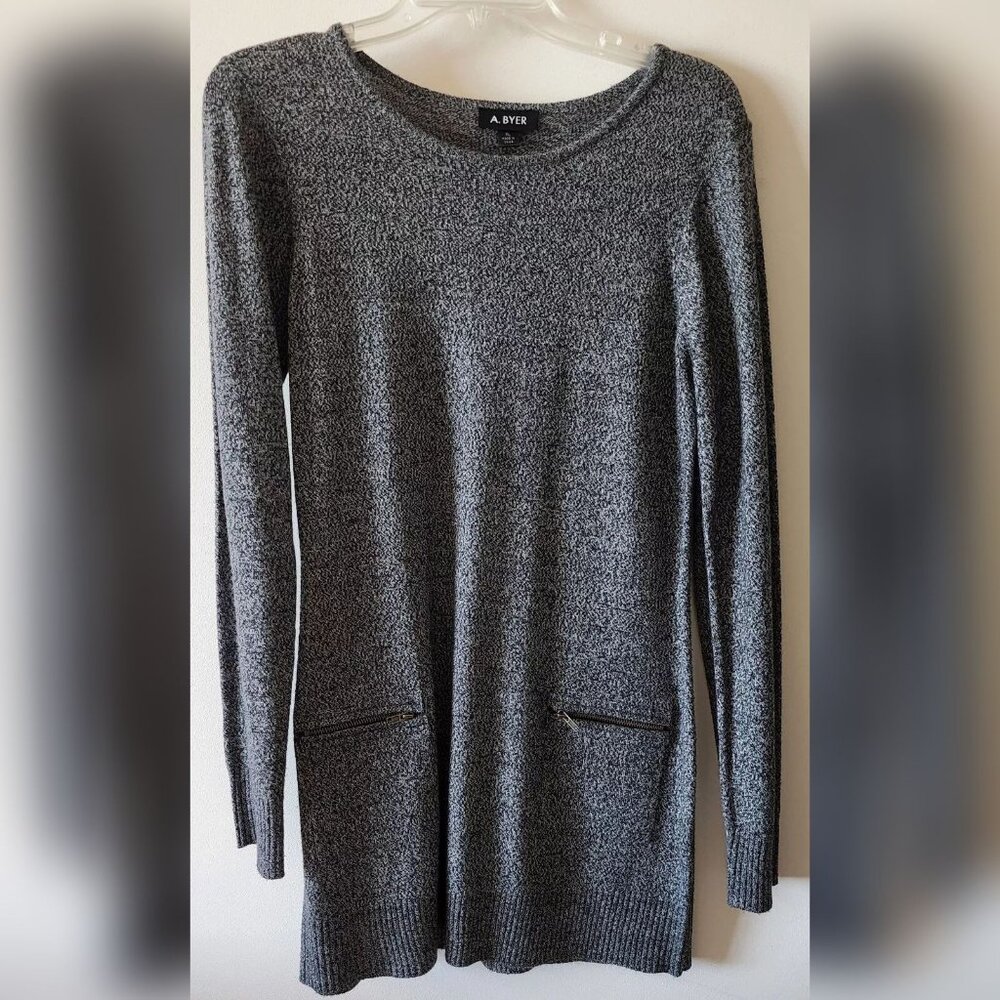 A. Byer Sweater-Dress Women XL Long Sleeve Round Neck Zip Pockets Gray Acrylic